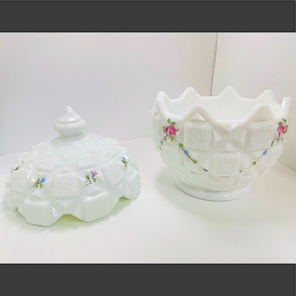 Vintage Westmoreland Milk Glass Painted Floral quilted Candy Dish